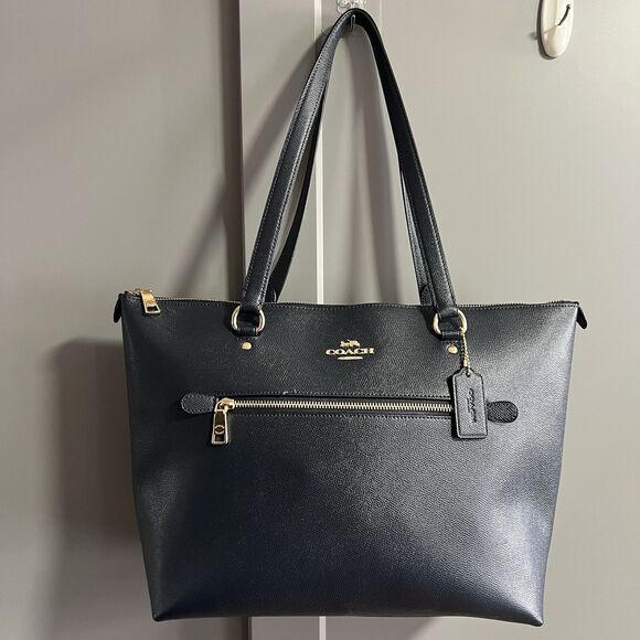 Coach F79808 Large Crossgrain Leather Gallery Tote Bag Navy Blue Front Pocket - Picture 1 of 5